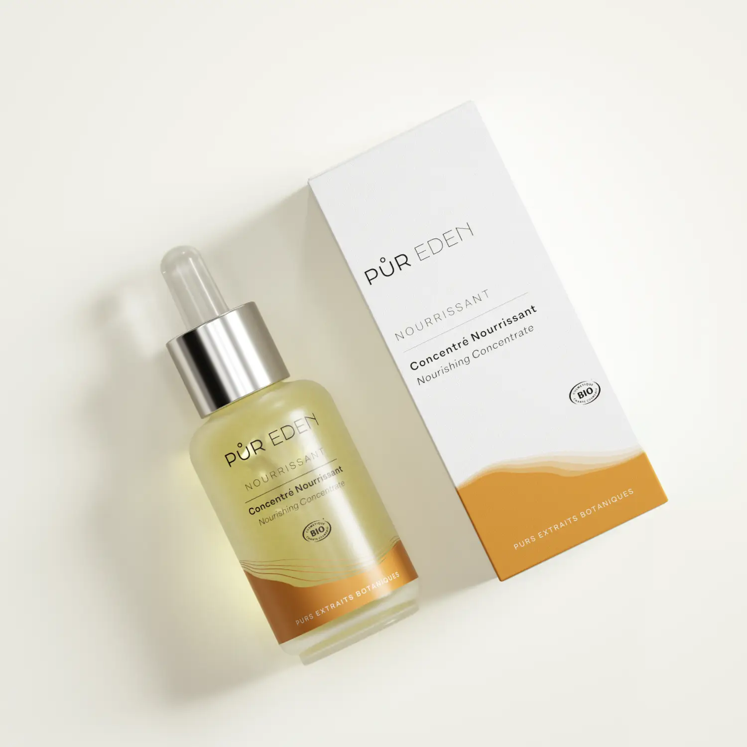 Concentré Nourrissant PUR EDEN avec flacon compte-gouttes et étui carton