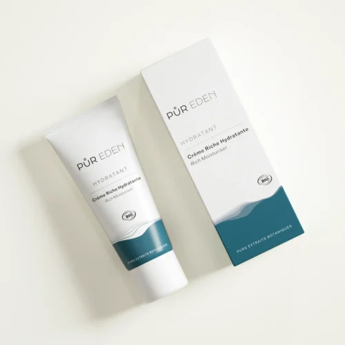 Crème Riche Hydratante PUR EDEN en tube avec étui, soin visage hydratant riche