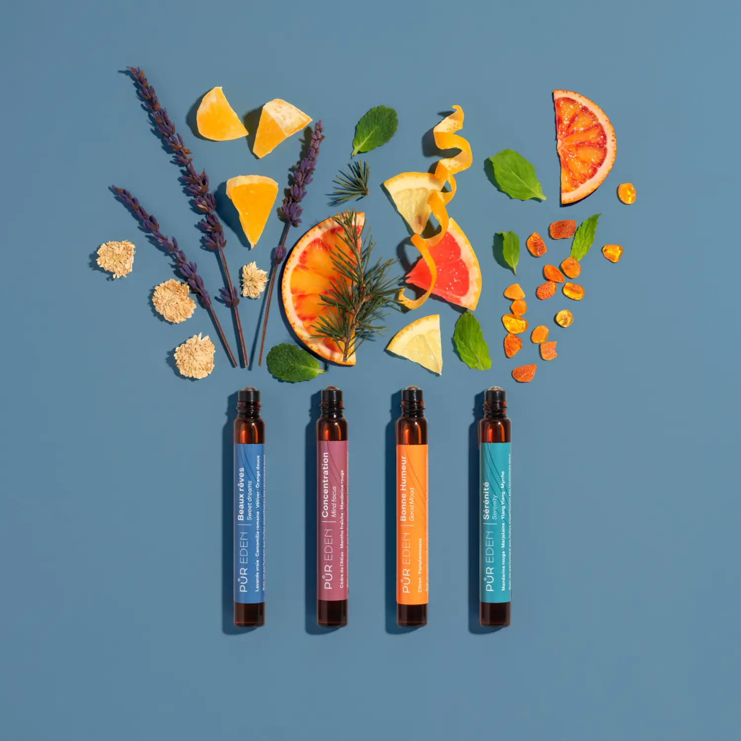 Gamme Aroma PUR EDEN avec roll-on aux huiles essentielles et ingrédients naturels