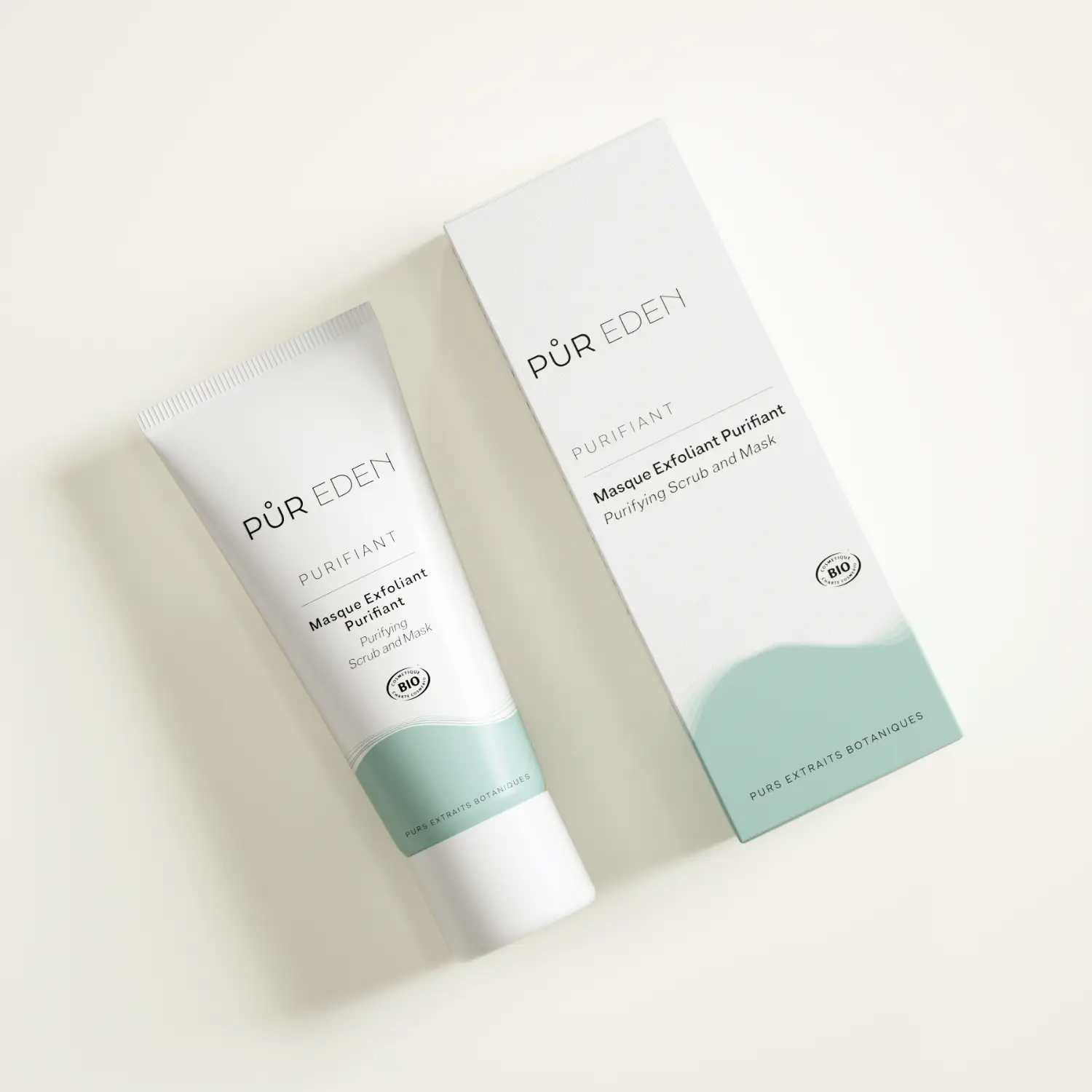 Masque Exfoliant Purifiant de PUR EDEN en tube avec étui, masque purifiant 2-en-1 scrub et masque visage