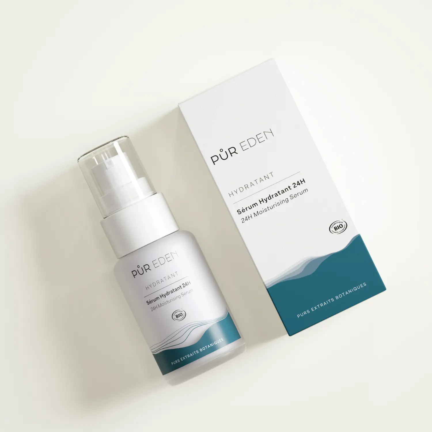 Sérum Hydratant 24H PUR EDEN en flacon pompe avec étui, soin visage hydratation longue durée
